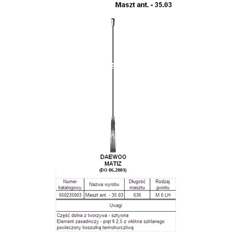 MASZT ANTENOWY 35.03 64CM/6M LEWOSKRĘTNY DAEWOO MATIZ